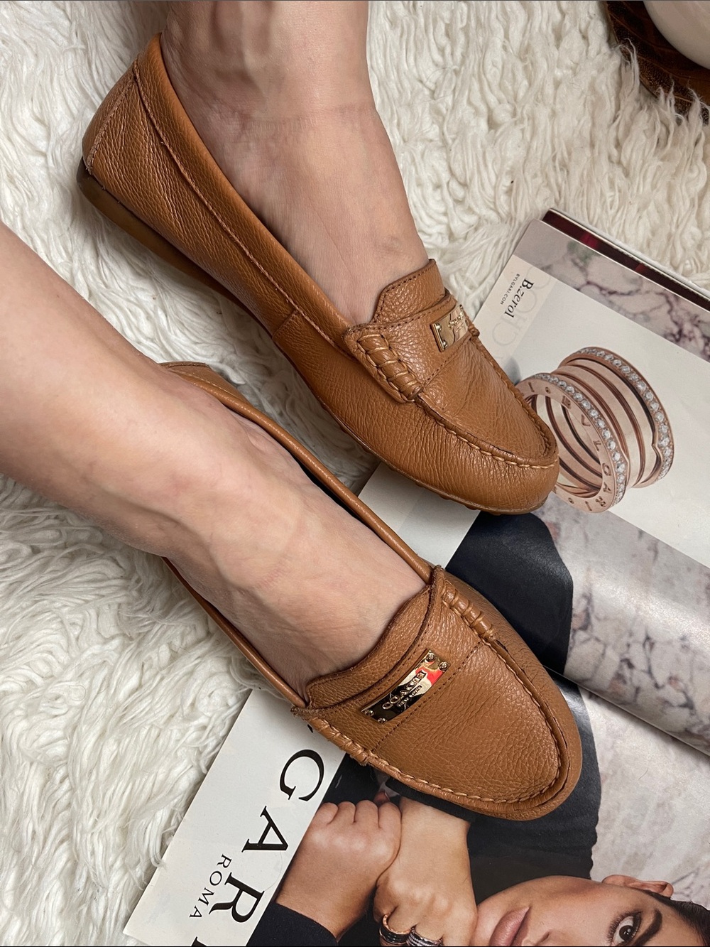 Coach Womens Fredrica Loafers Tan leather Rubber Sole